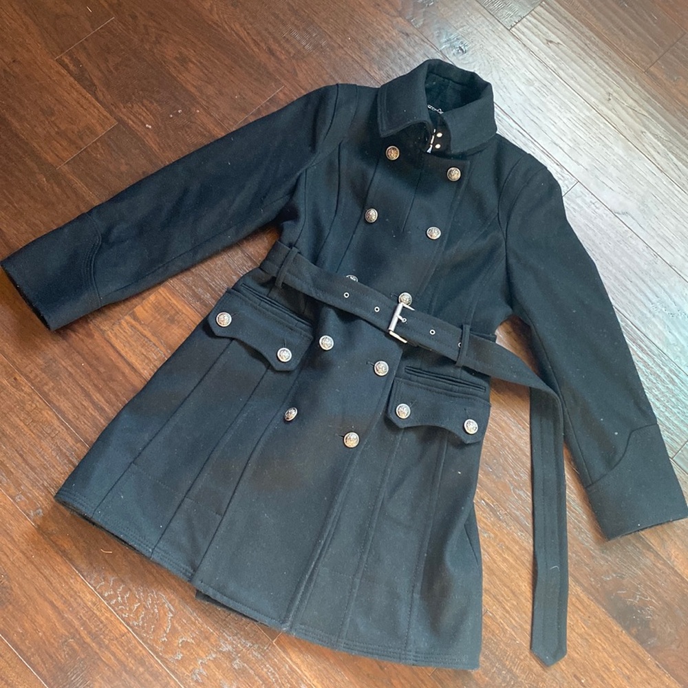 Worthington wool blend double breasted peacoat trench coat black size Small EUC